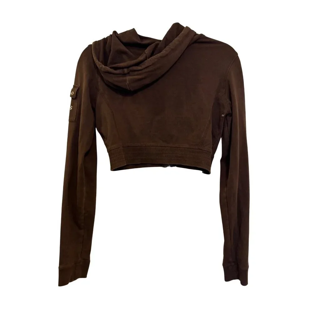 Vintage Guess Jeans Womens Brown Cropped Hoodie Rhinestone Detail Size L